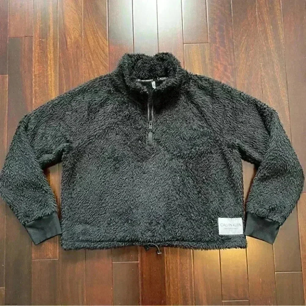 Calvin Klein Plush Sweater Cropped Fuzzy 1/4 Zip Pullover Black Size XL - Picture 15 of 16